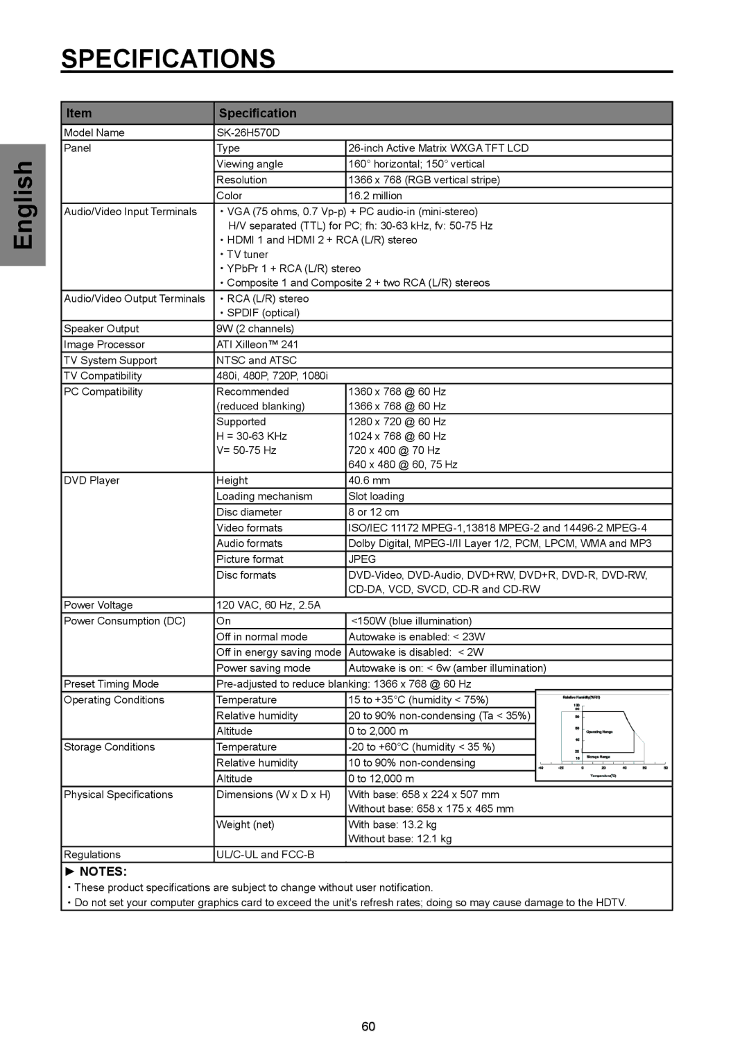 Westinghouse SK-32H570D, SK-26H570D user manual Specifications 