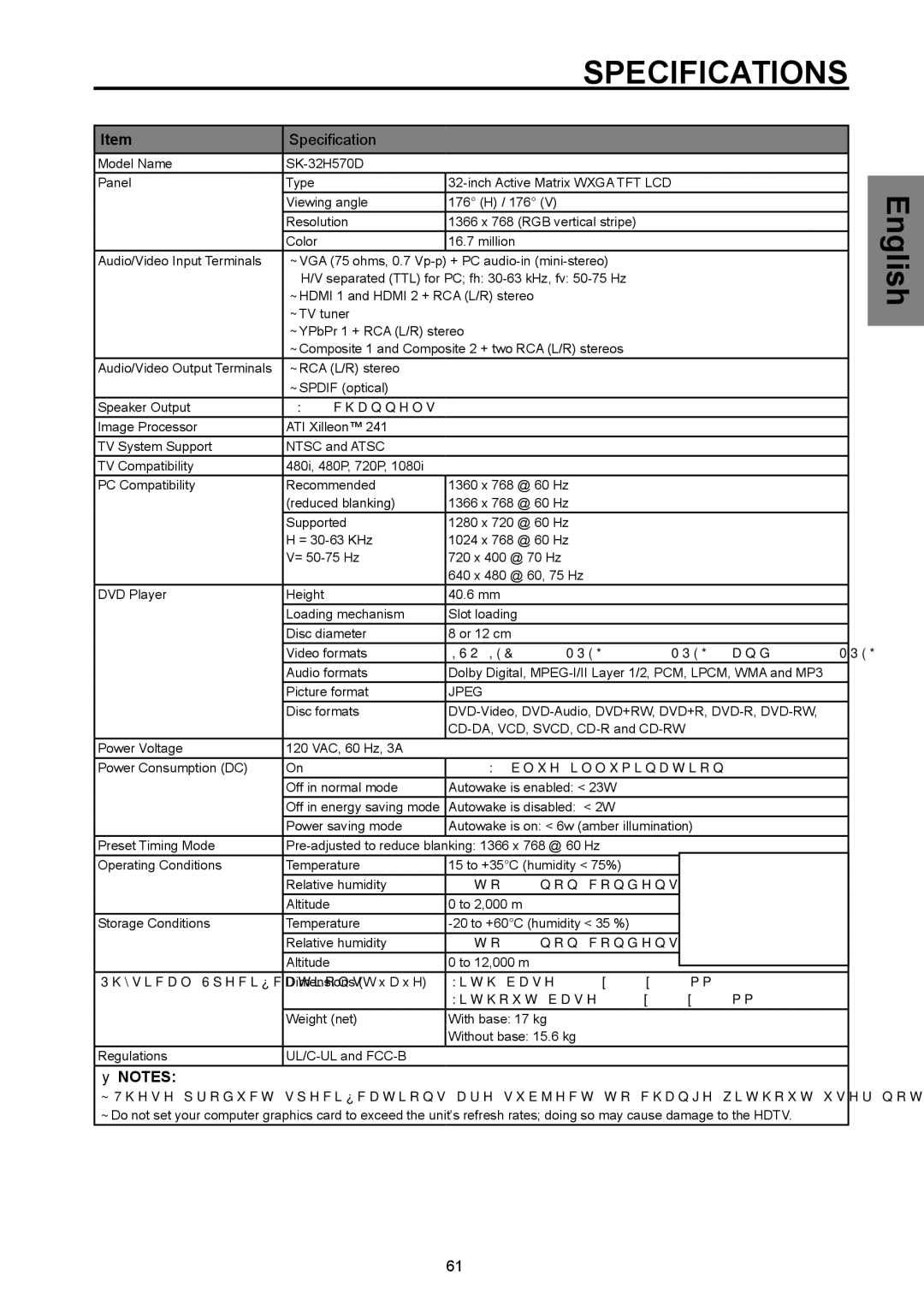 Westinghouse SK-26H570D, SK-32H570D user manual Specifications 