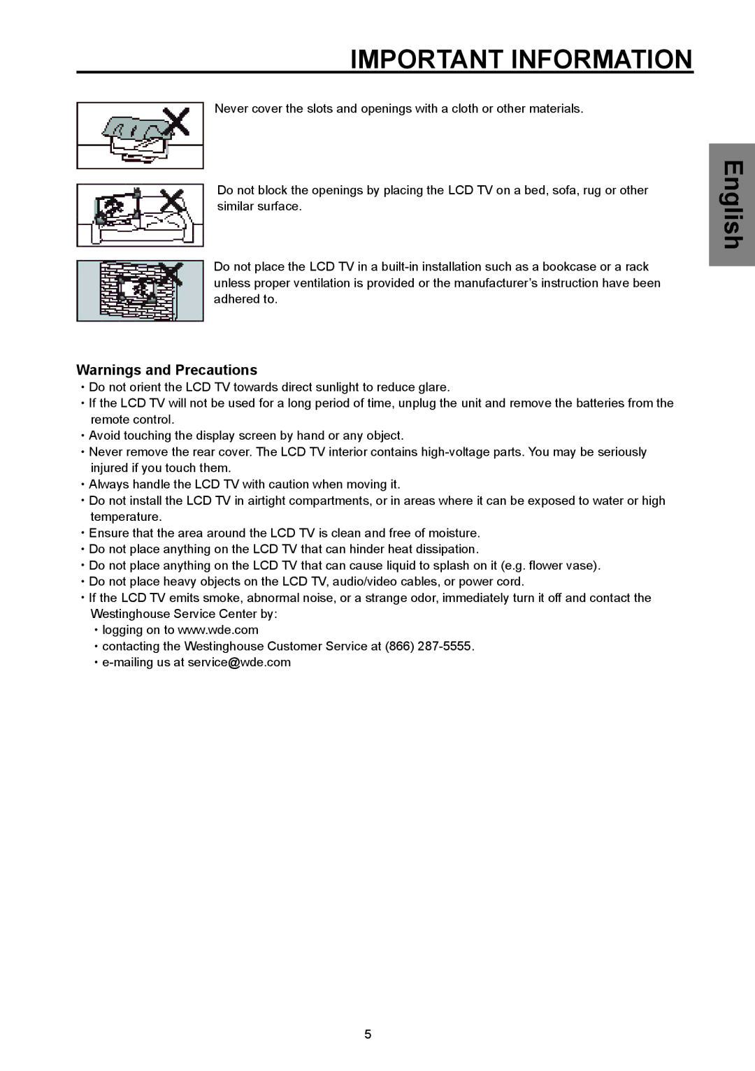 Westinghouse SK-26H570D, SK-32H570D user manual Important Information 