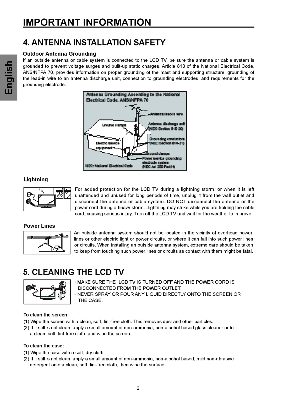 Westinghouse SK-32H570D, SK-26H570D Antenna Installation Safety, Cleaning the LCD TV, Outdoor Antenna Grounding, Lightning 