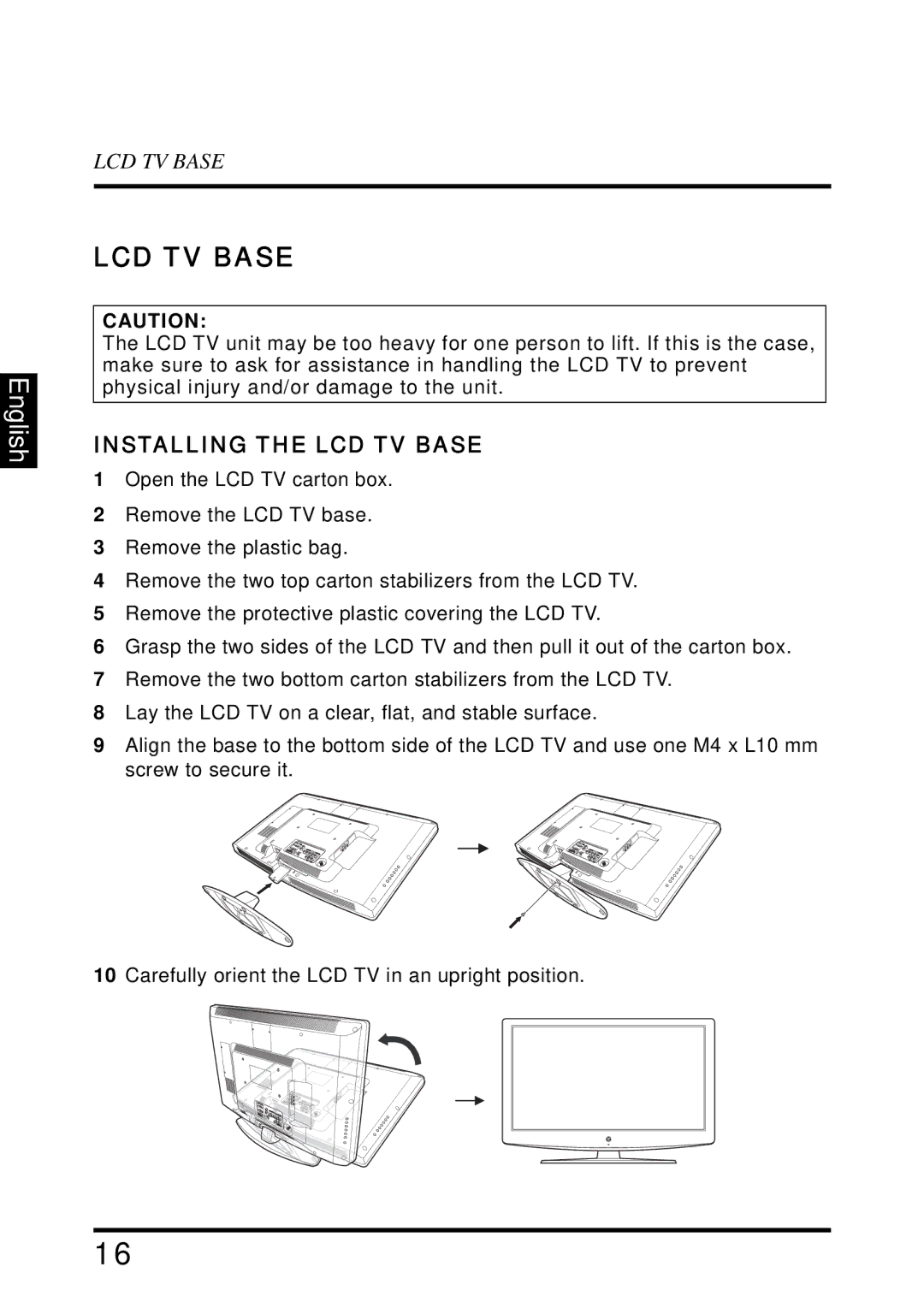 Westinghouse SK-32H640G user manual Installing the LCD TV Base 