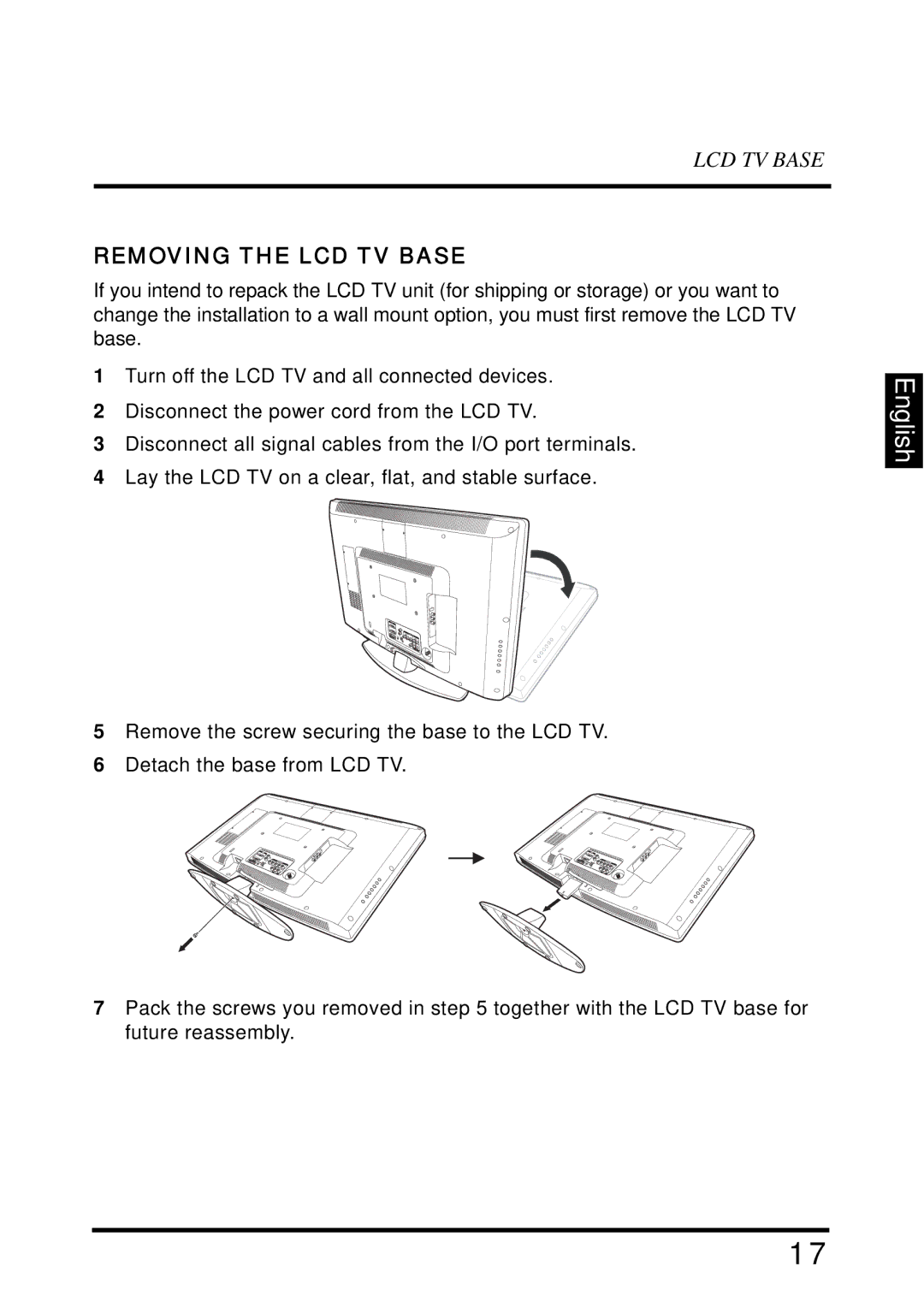 Westinghouse SK-32H640G user manual Removing the LCD TV Base 