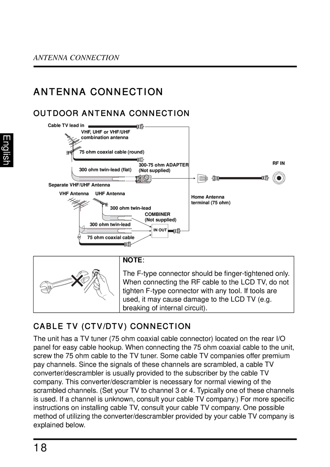 Westinghouse SK-32H640G user manual Outdoor Antenna Connection, Cable TV CTV/DTV Connection 