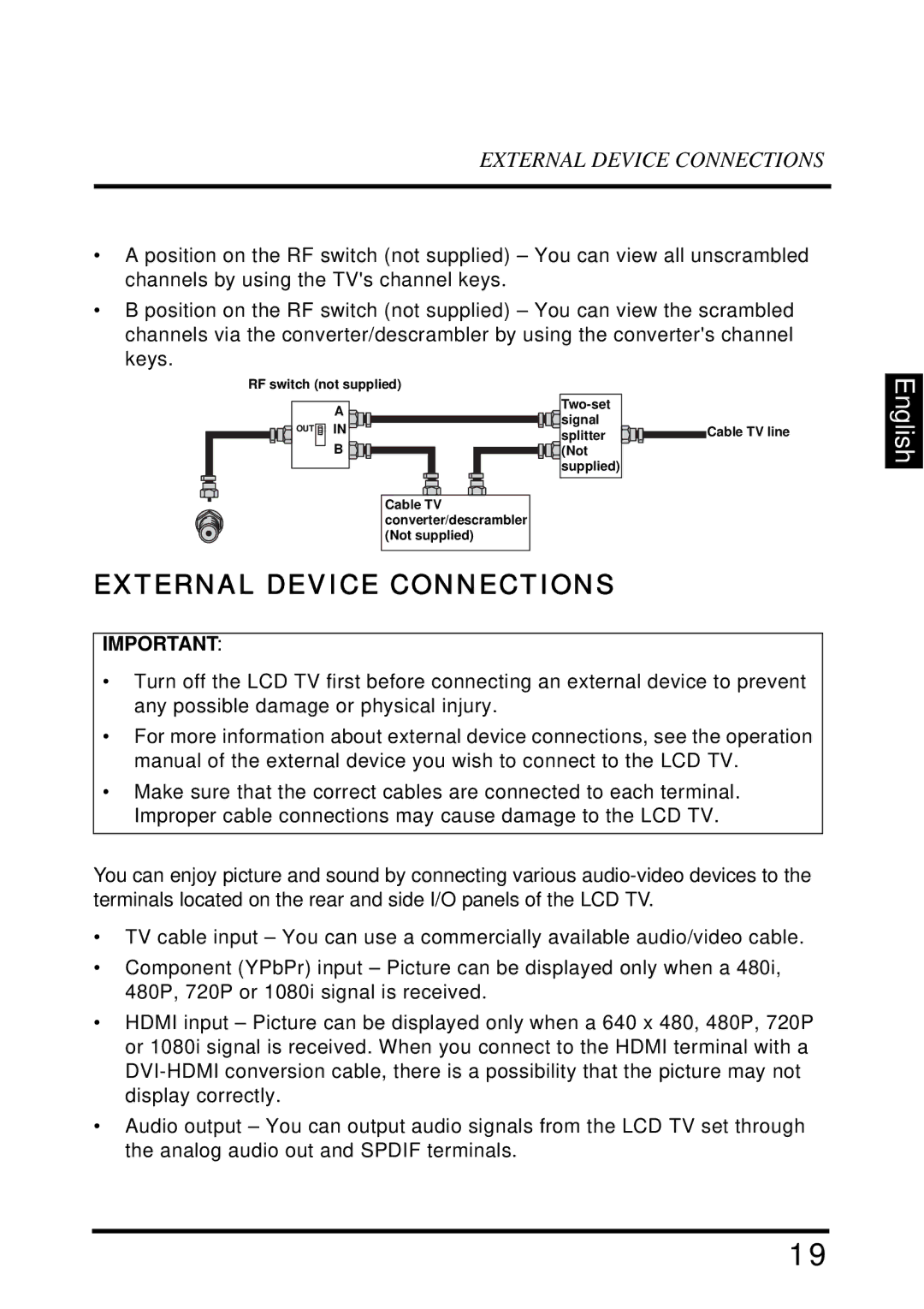 Westinghouse SK-32H640G user manual External Device Connections 