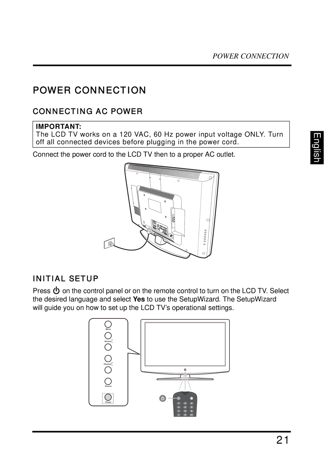 Westinghouse SK-32H640G user manual Power Connection, Connecting AC Power, Initial Setup 