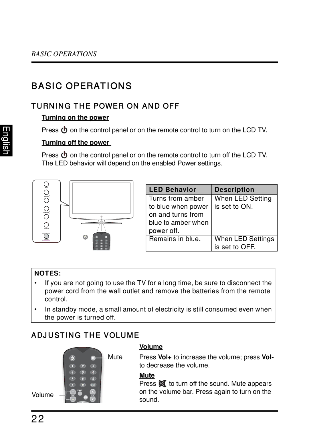 Westinghouse SK-32H640G user manual Basic Operations, Turning the Power on and OFF, Adjusting the Volume 