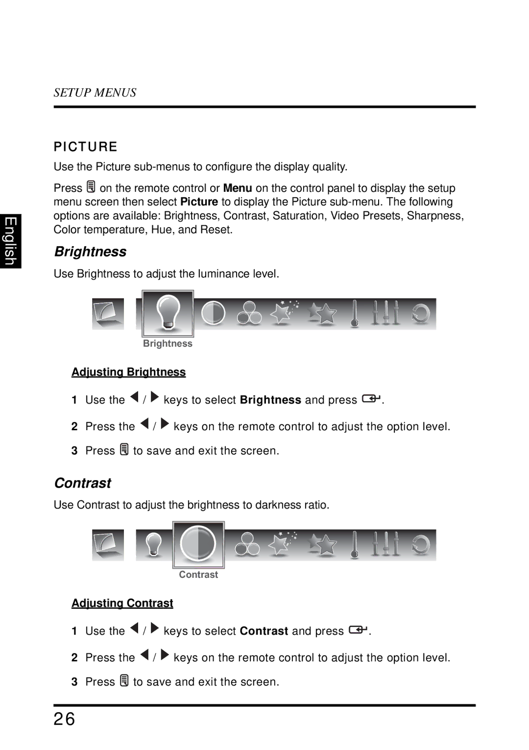 Westinghouse SK-32H640G user manual Picture, Adjusting Brightness, Adjusting Contrast 