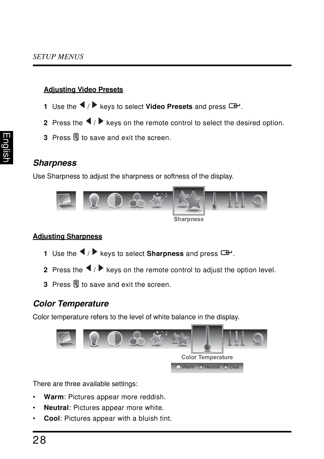 Westinghouse SK-32H640G user manual Color Temperature, Adjusting Video Presets, Adjusting Sharpness 