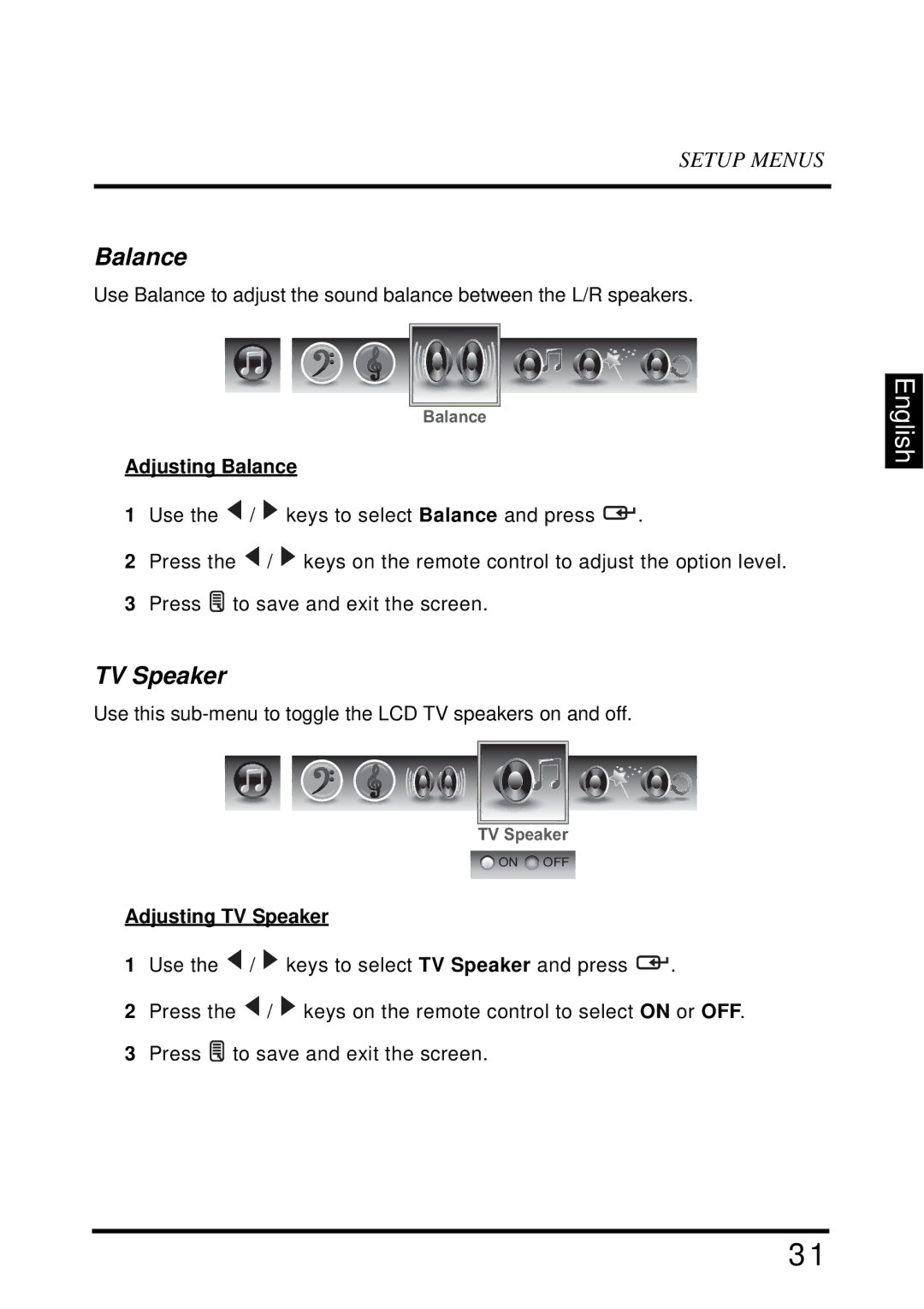 Westinghouse SK-32H640G user manual Adjusting Balance, Adjusting TV Speaker 