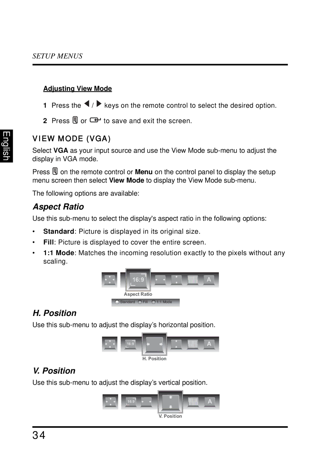 Westinghouse SK-32H640G user manual Aspect Ratio, Position, View Mode VGA, Adjusting View Mode 