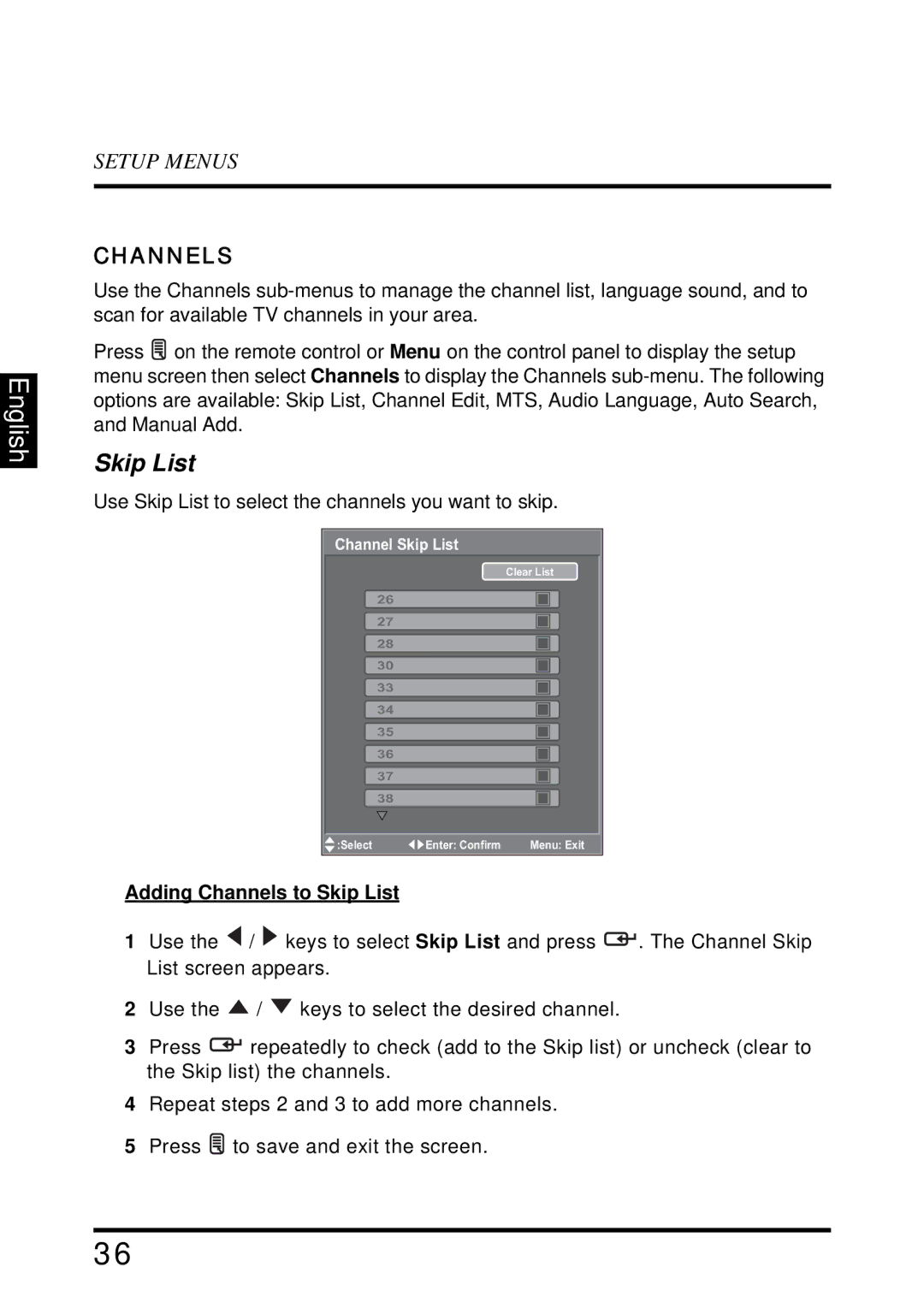 Westinghouse SK-32H640G user manual Adding Channels to Skip List 