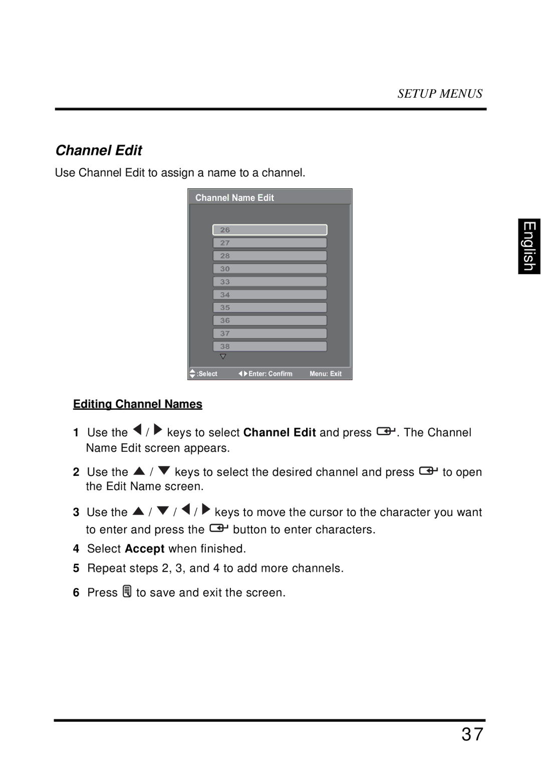 Westinghouse SK-32H640G user manual Channel Edit, Editing Channel Names 