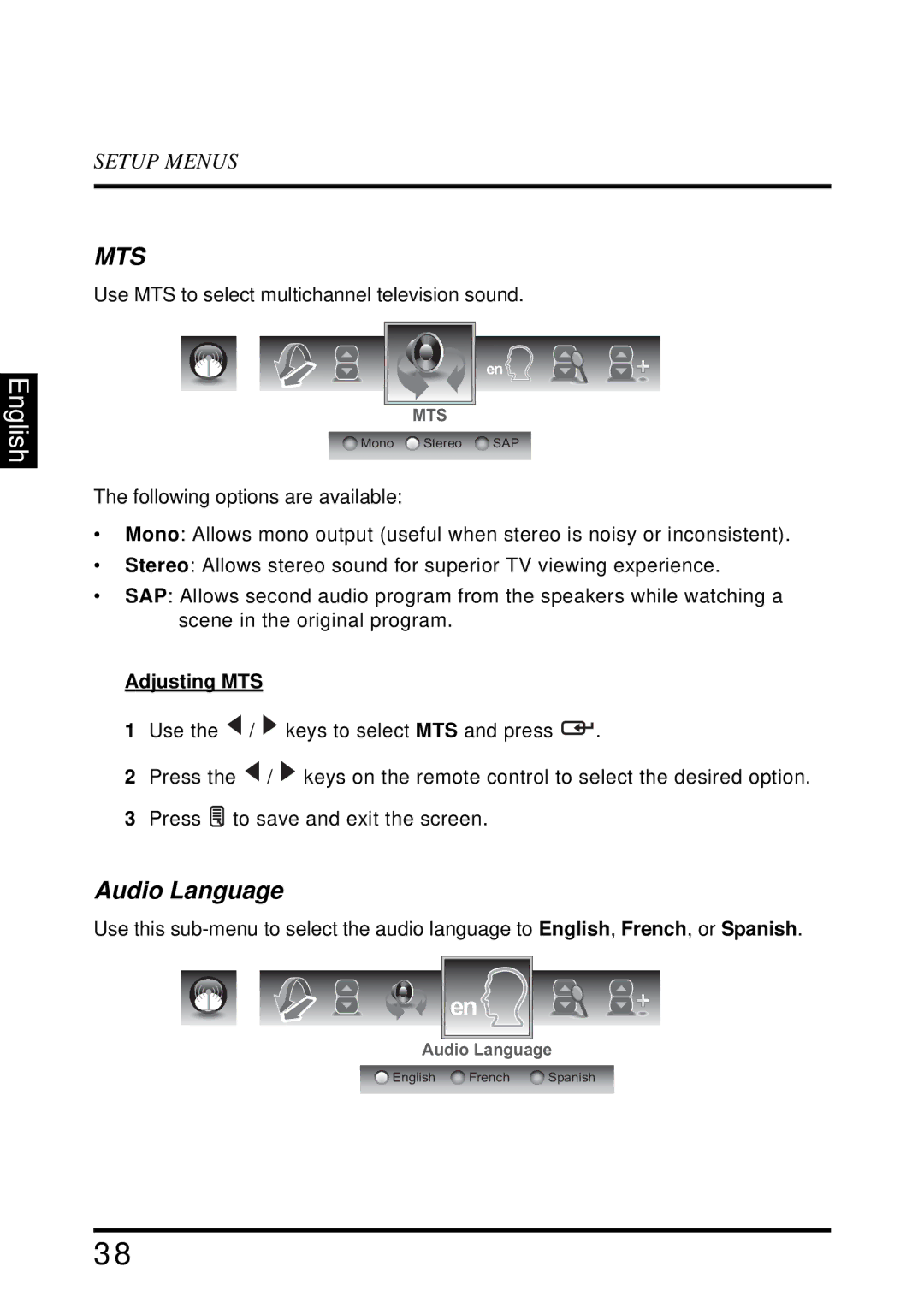 Westinghouse SK-32H640G user manual Audio Language, Adjusting MTS 