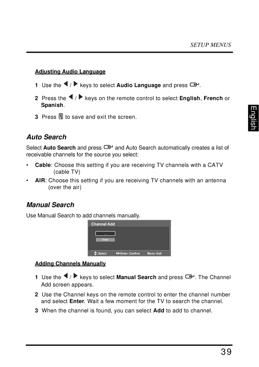 Westinghouse SK-32H640G user manual Auto Search, Manual Search, Adjusting Audio Language, Adding Channels Manually 