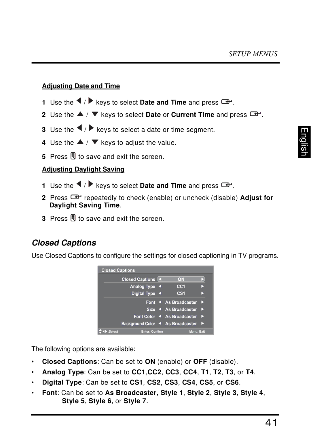 Westinghouse SK-32H640G user manual Closed Captions, Adjusting Date and Time, Adjusting Daylight Saving 