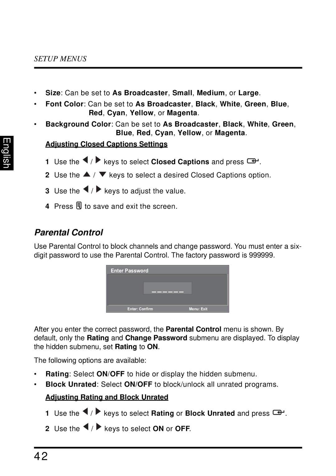 Westinghouse SK-32H640G user manual Parental Control, Adjusting Rating and Block Unrated 