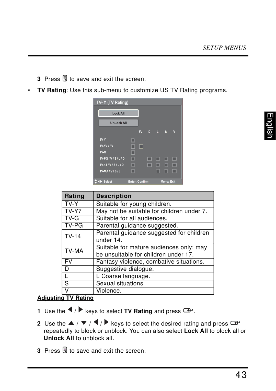 Westinghouse SK-32H640G user manual Rating Description, Adjusting TV Rating 