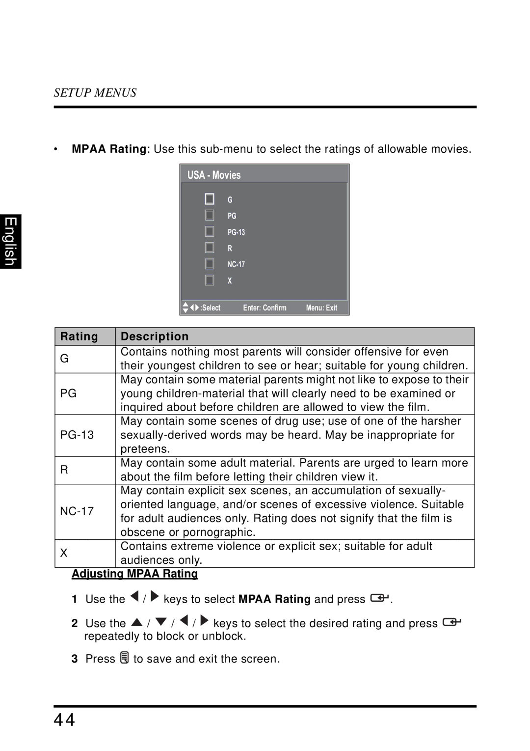 Westinghouse SK-32H640G user manual USA Movies, Adjusting Mpaa Rating 