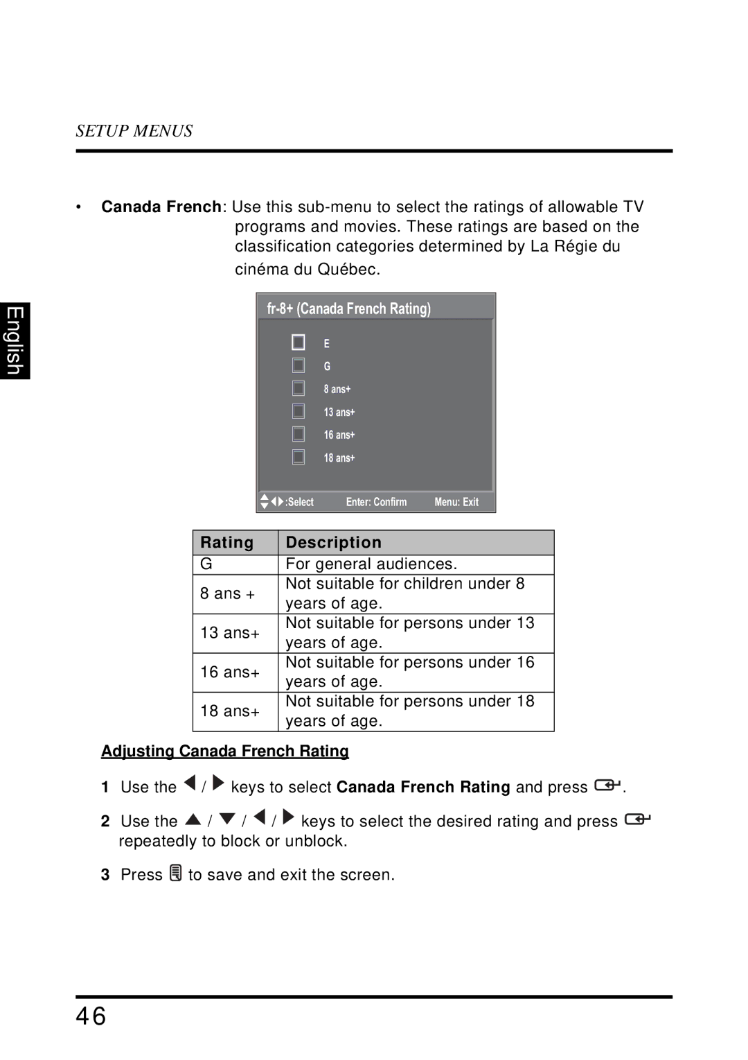 Westinghouse SK-32H640G user manual Fr-8+ Canada French Rating, Adjusting Canada French Rating 