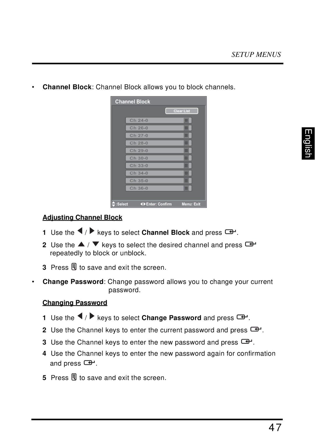 Westinghouse SK-32H640G user manual Adjusting Channel Block, Changing Password 