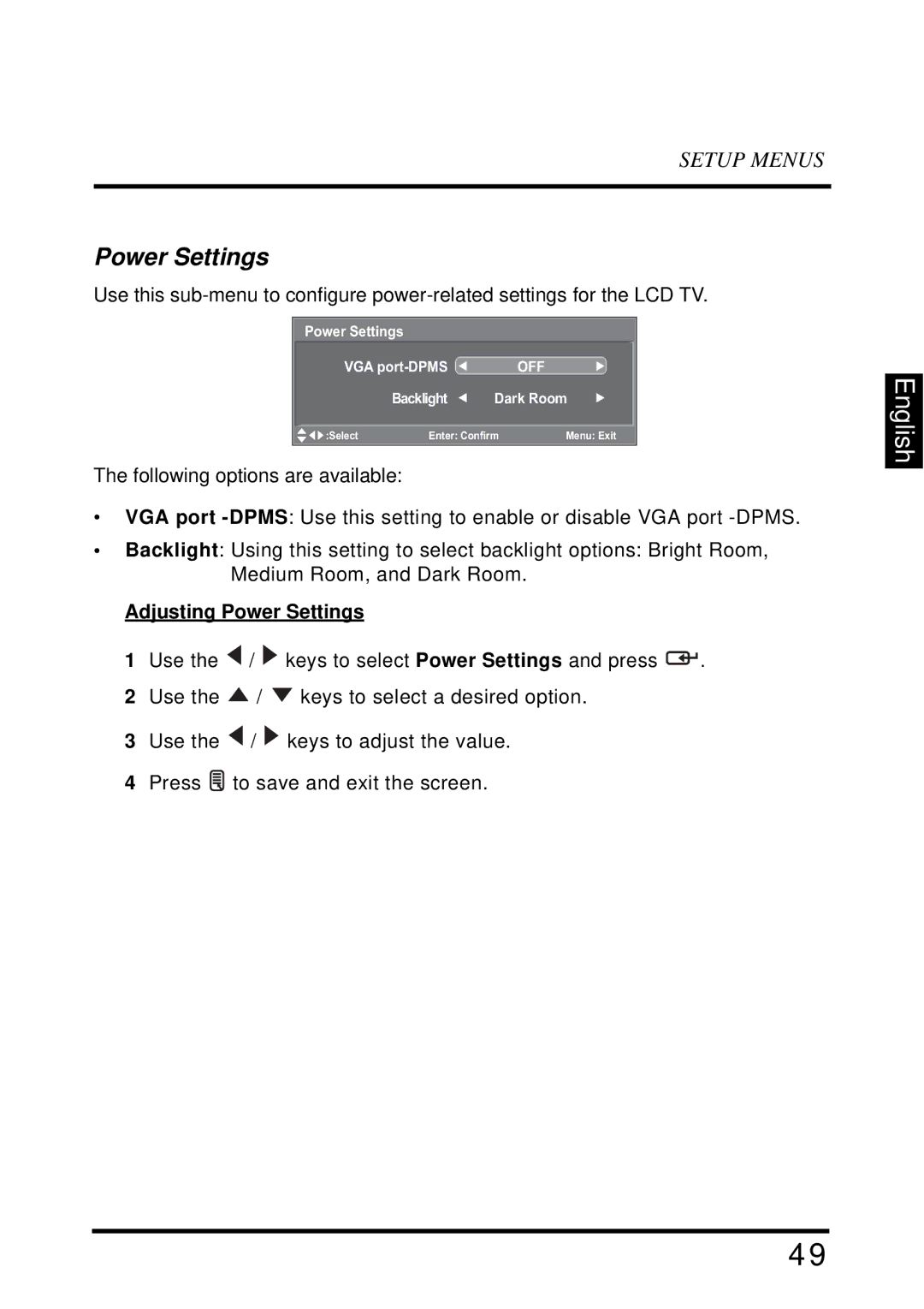 Westinghouse SK-32H640G user manual Adjusting Power Settings 