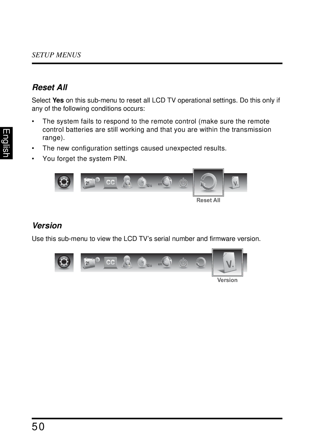 Westinghouse SK-32H640G user manual Reset All, Version 