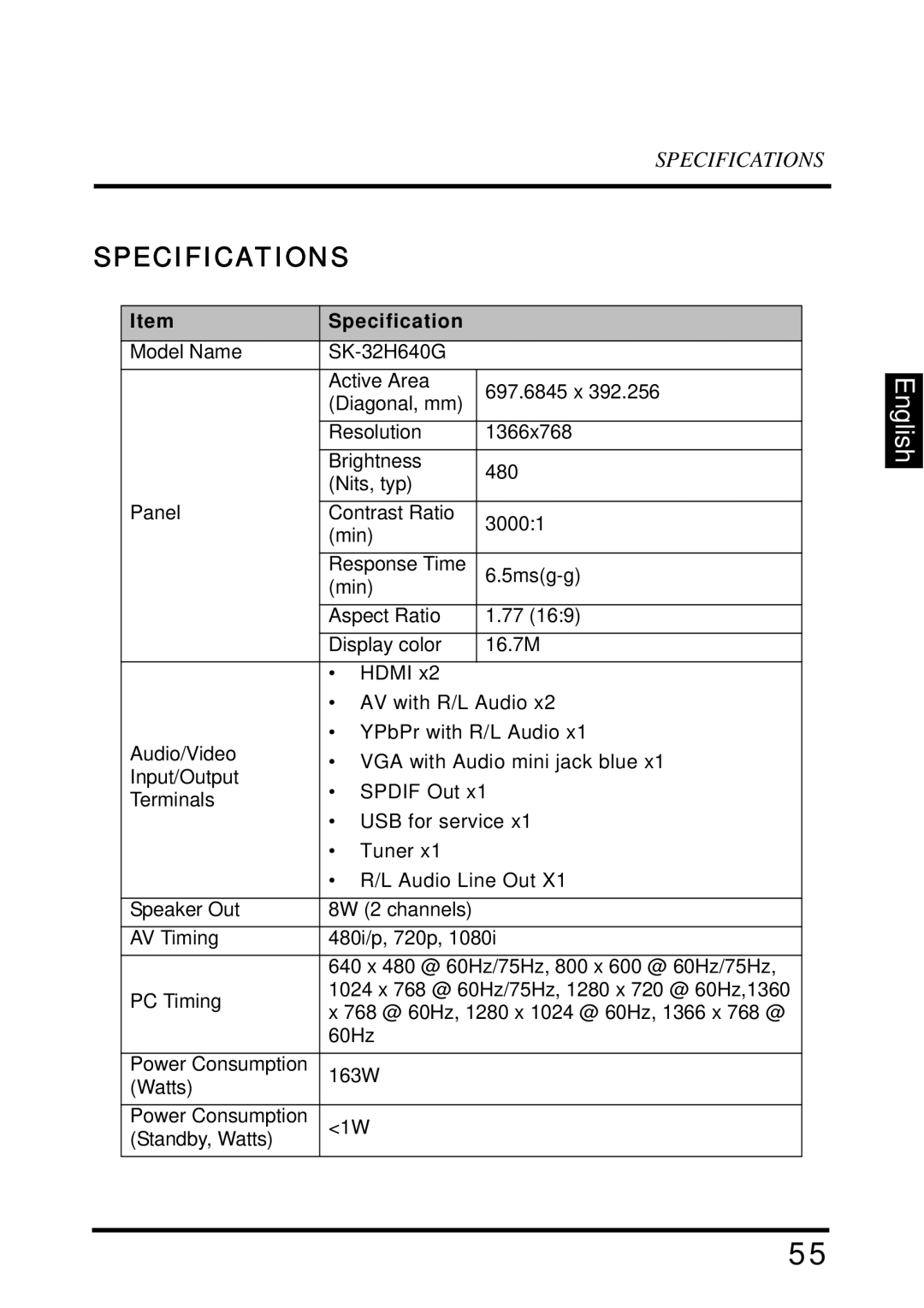 Westinghouse SK-32H640G user manual Specifications 