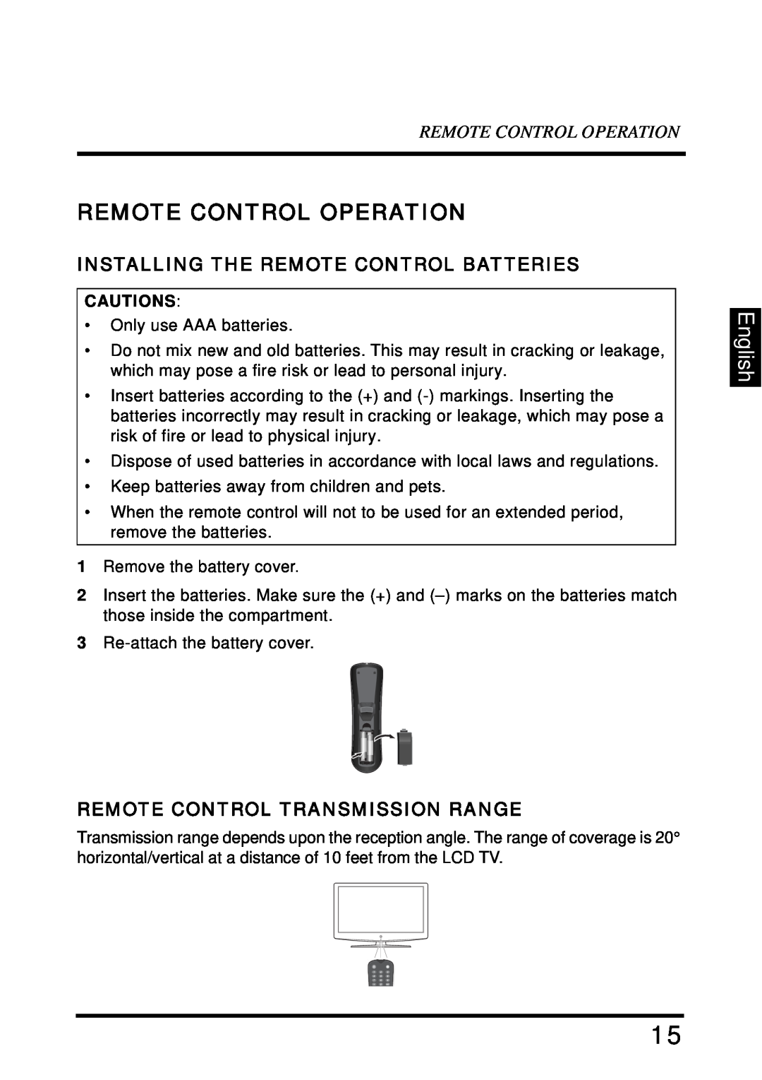 Westinghouse SK-32H640G user manual Remote Control Operation, English, Installing The Remote Control Batteries, Cautions 