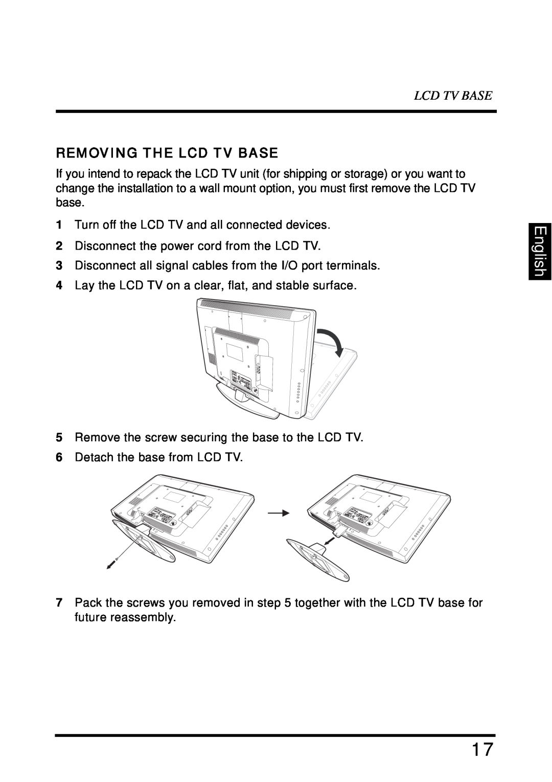 Westinghouse SK-32H640G user manual English, Removing The Lcd Tv Base 