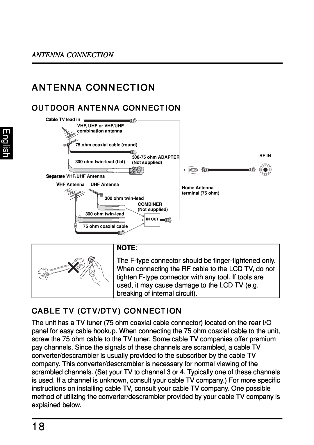 Westinghouse SK-32H640G user manual English, Outdoor Antenna Connection, Cable Tv Ctv/Dtv Connection 