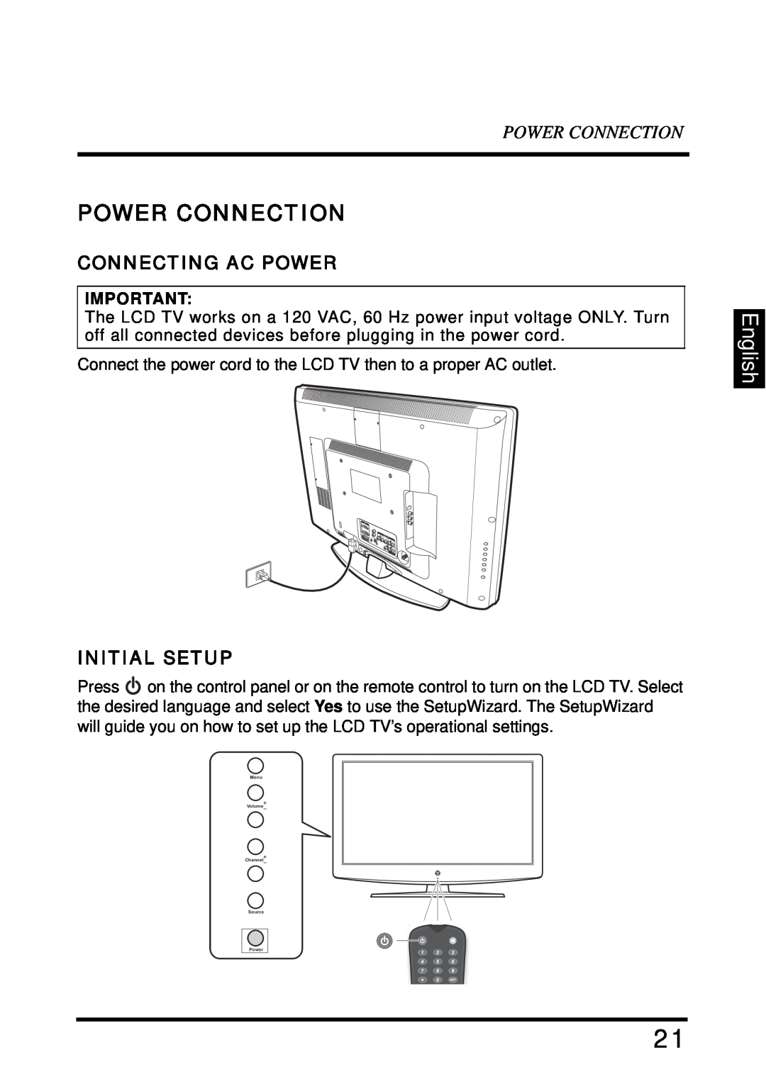 Westinghouse SK-32H640G user manual Power Connection, English, Connecting Ac Power, Initial Setup 
