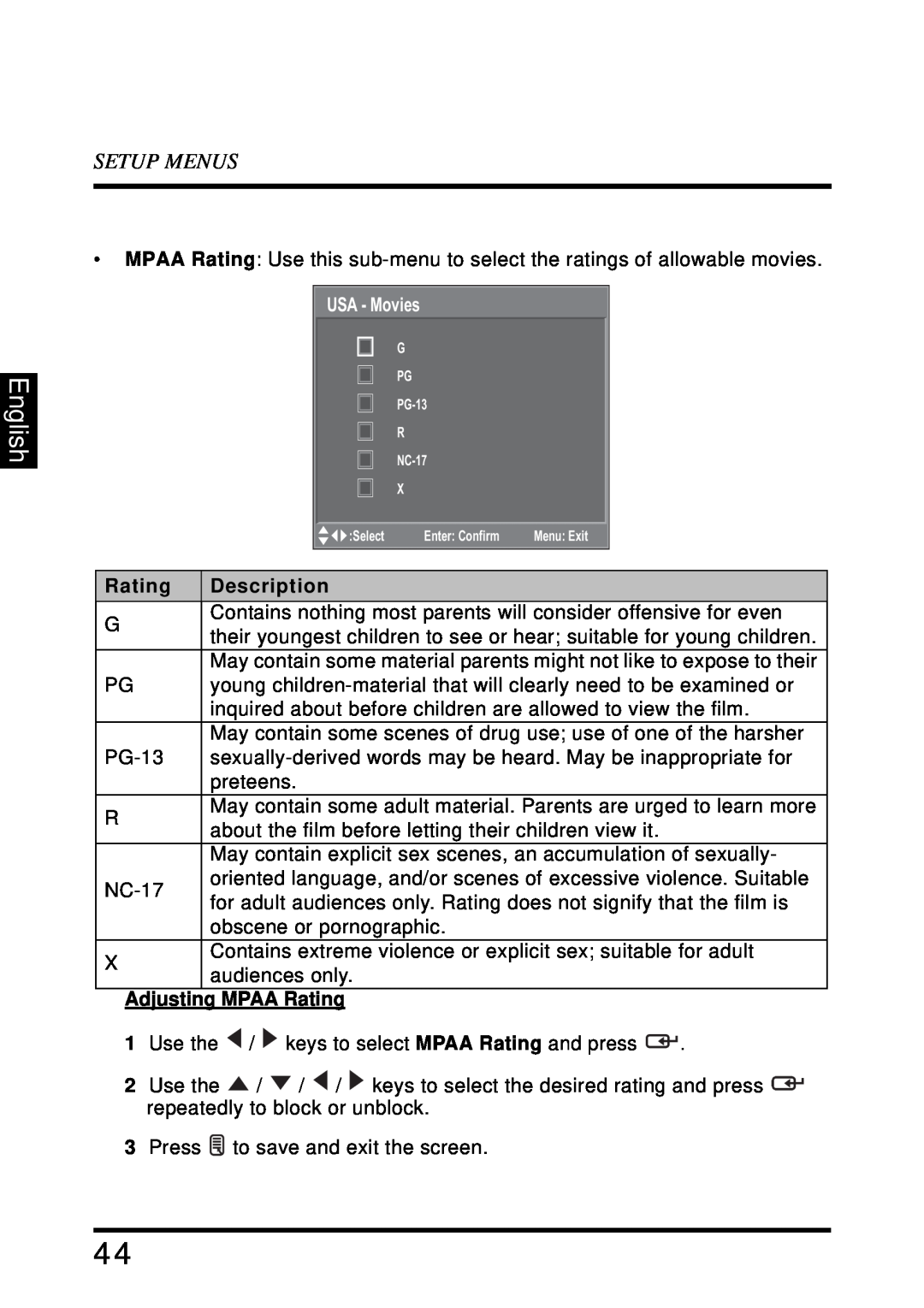 Westinghouse SK-32H640G user manual English, Setup Menus, USA - Movies, Description, Adjusting MPAA Rating 