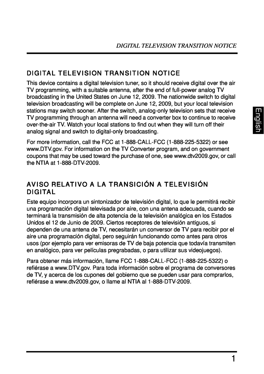 Westinghouse SK-32H640G English, Digital Television Transition Notice, Aviso Relativo A La Transición A Televisión Digital 