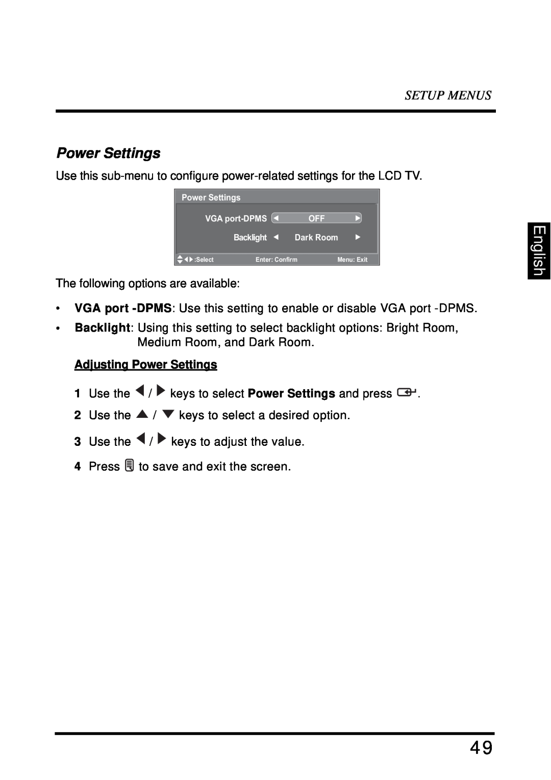 Westinghouse SK-32H640G user manual English, Setup Menus, Adjusting Power Settings 