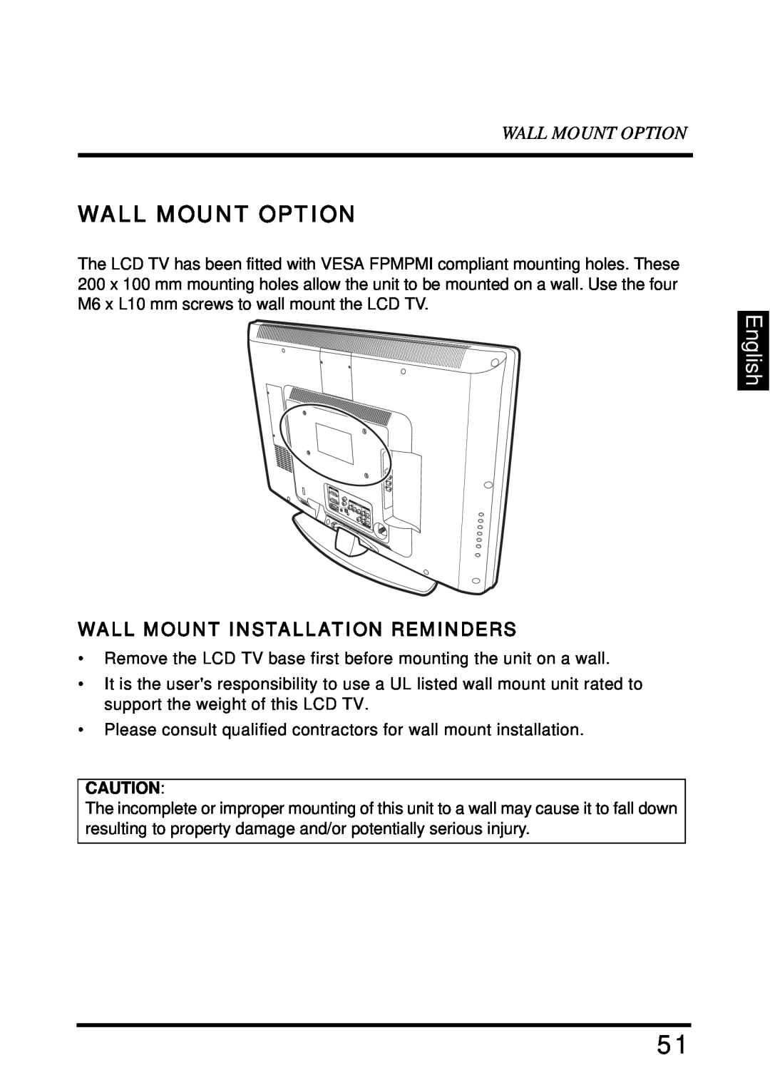 Westinghouse SK-32H640G user manual Wall Mount Option, English, Wall Mount Installation Reminders 