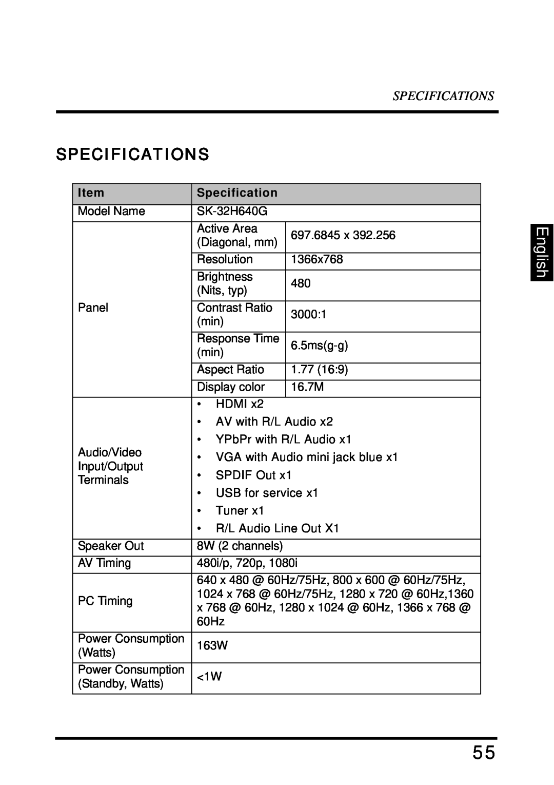 Westinghouse SK-32H640G user manual Specifications, English 