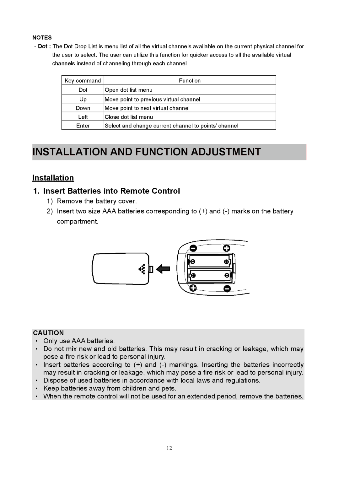 Westinghouse SK-40H520S user manual Installation and Function Adjustment, Installation Insert Batteries into Remote Control 