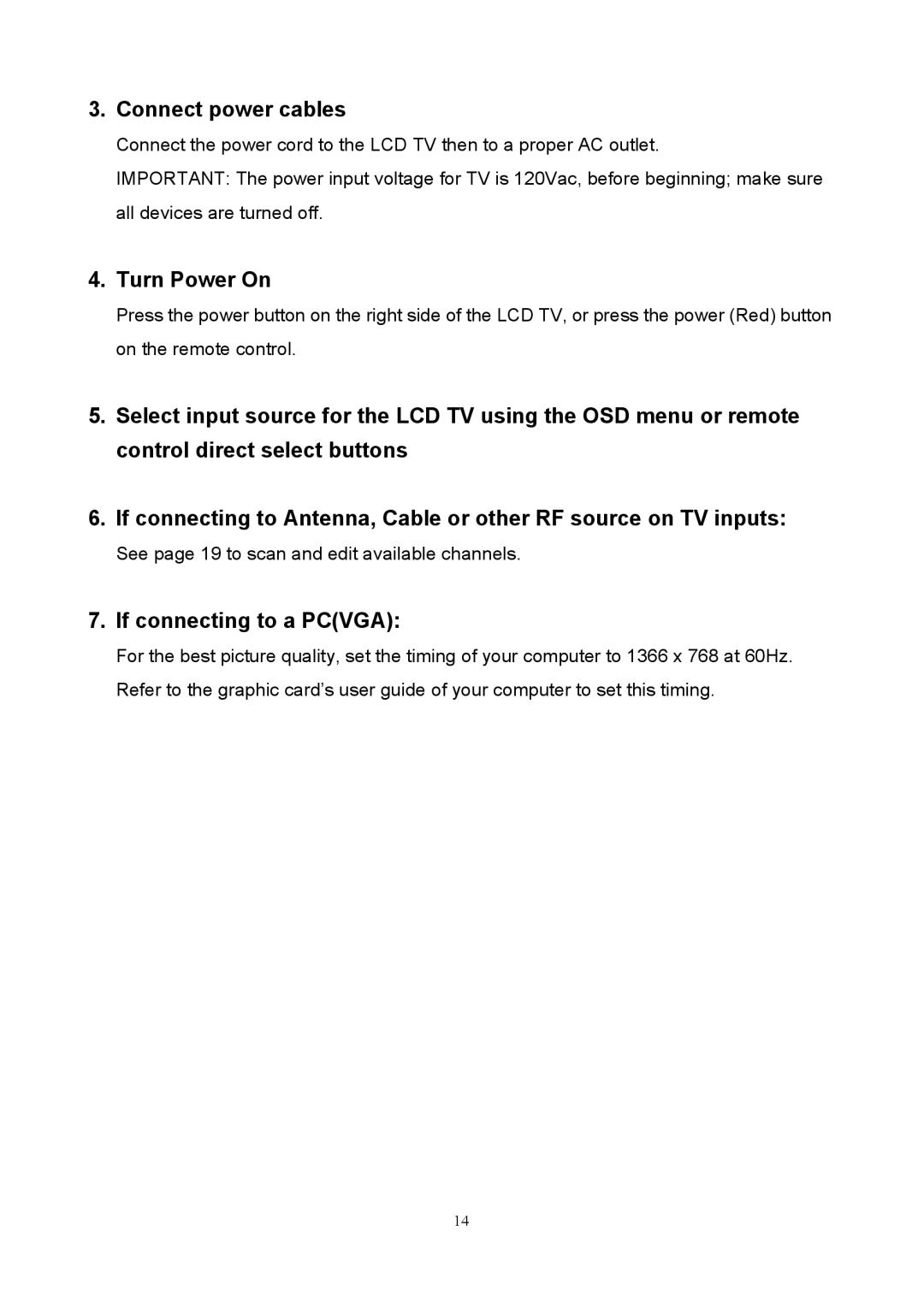 Westinghouse SK-40H520S user manual Connect power cables, Turn Power On, If connecting to a Pcvga 