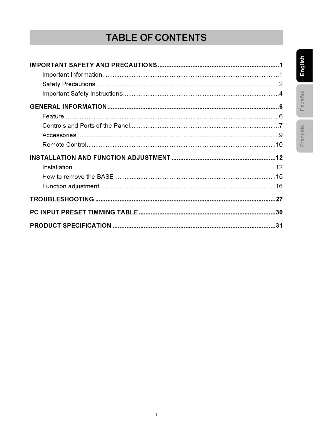 Westinghouse SK-40H520S user manual Table of Contents 