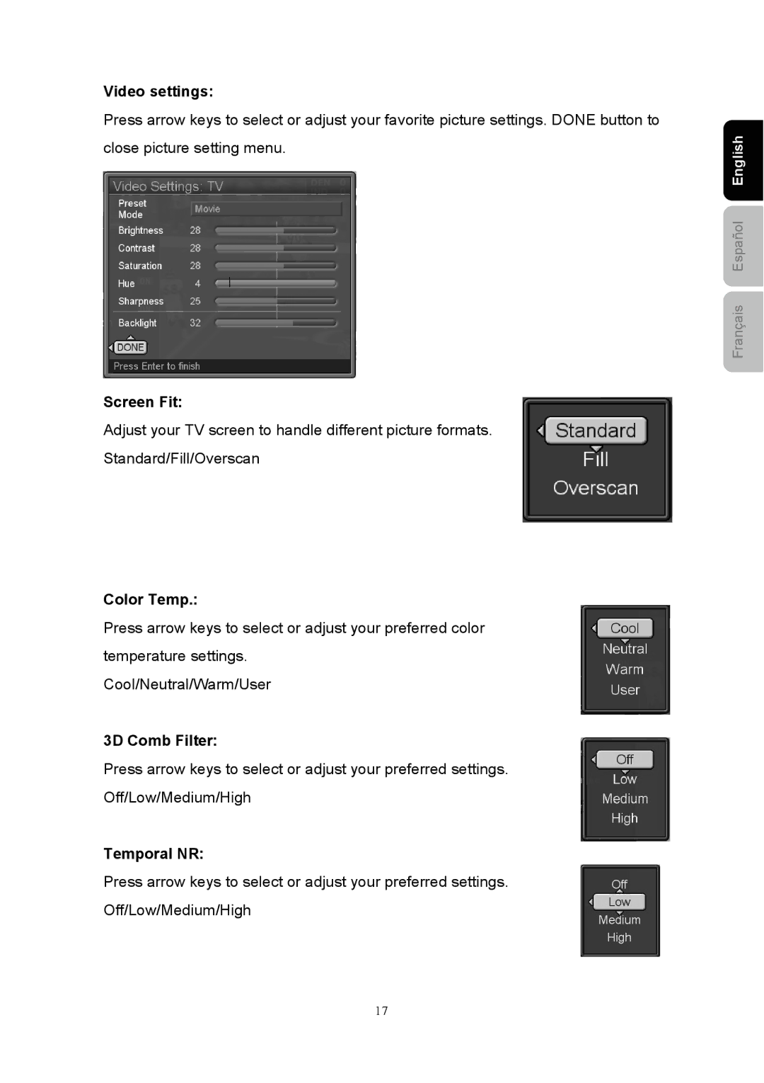 Westinghouse SK-40H520S user manual Video settings, Screen Fit, Color Temp, 3D Comb Filter, Temporal NR 