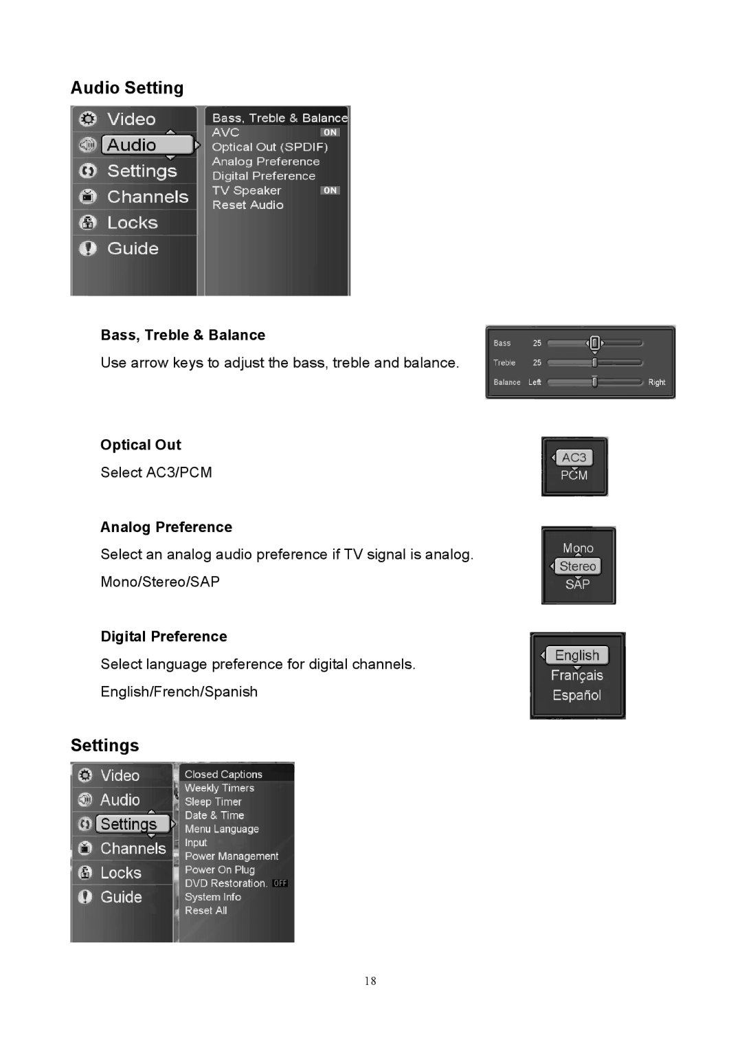 Westinghouse SK-40H520S user manual Audio Setting, Settings 