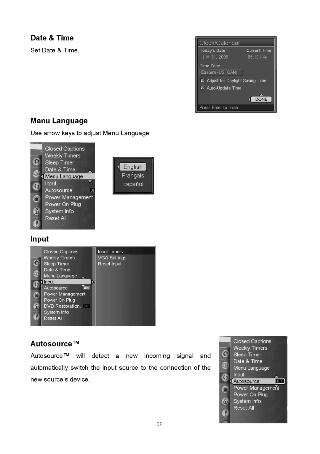 Westinghouse SK-40H520S user manual Date & Time, Menu Language, Input Autosource 