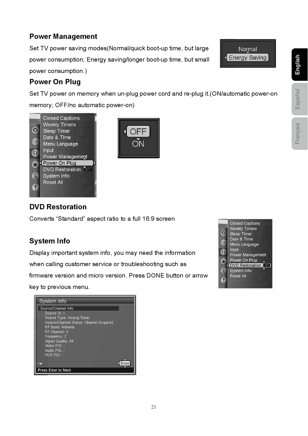 Westinghouse SK-40H520S user manual Power Management, Power On Plug, DVD Restoration, System Info 