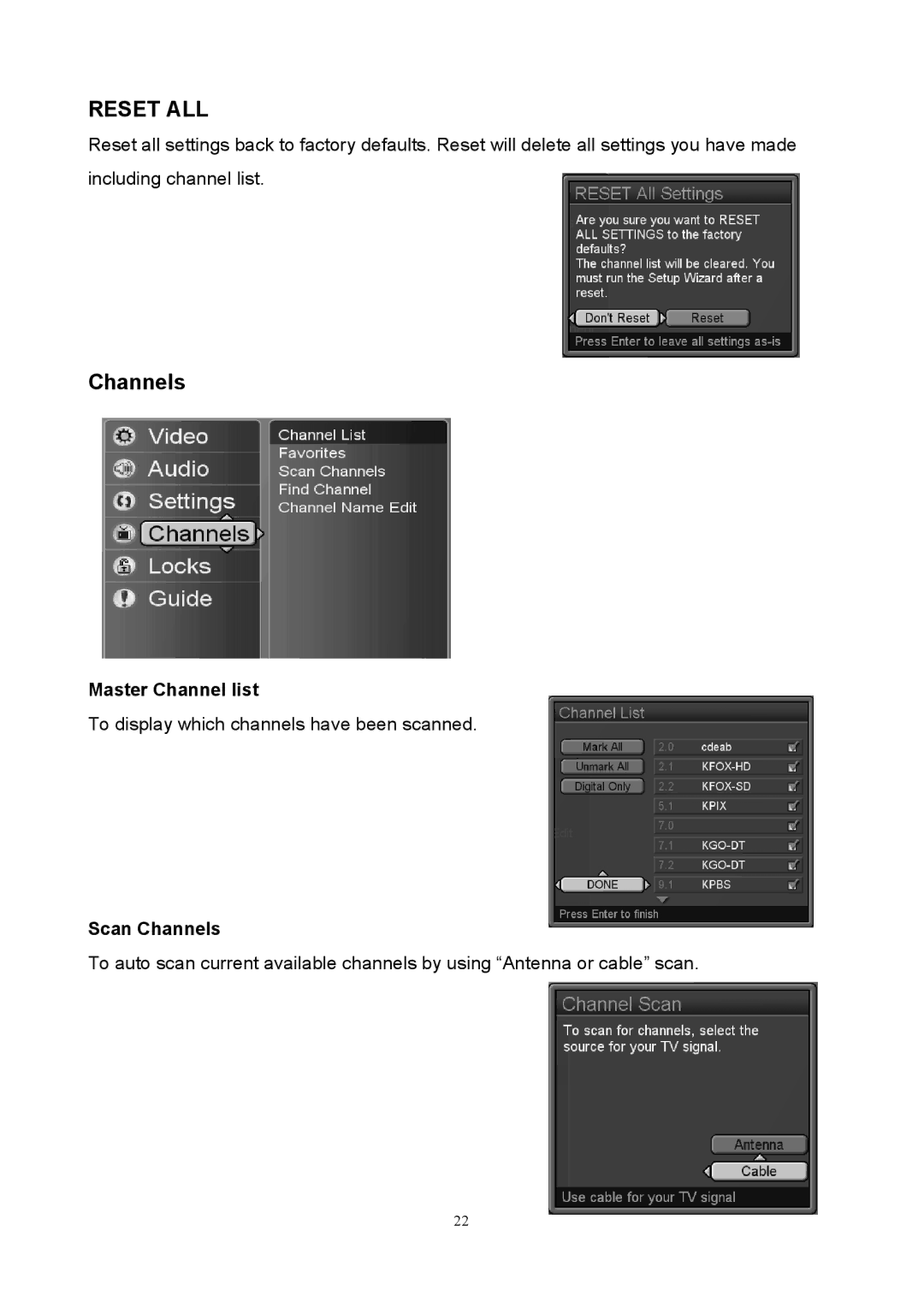 Westinghouse SK-40H520S user manual Master Channel list, Scan Channels 