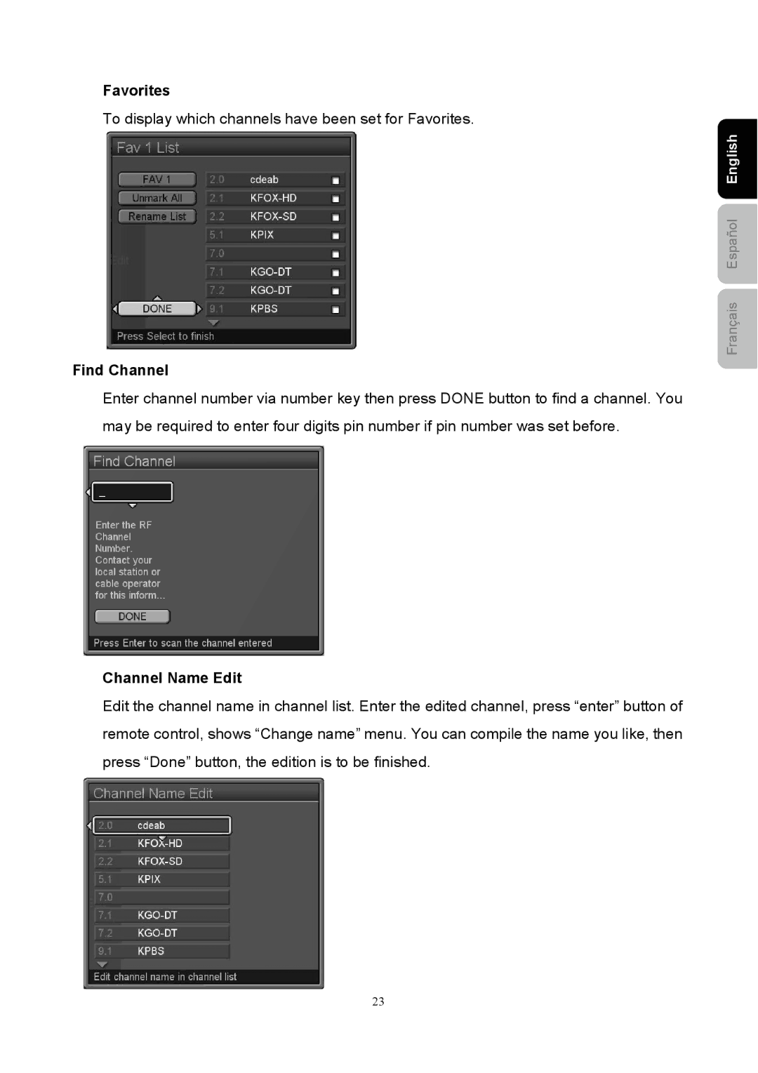 Westinghouse SK-40H520S user manual Favorites, Find Channel, Channel Name Edit 