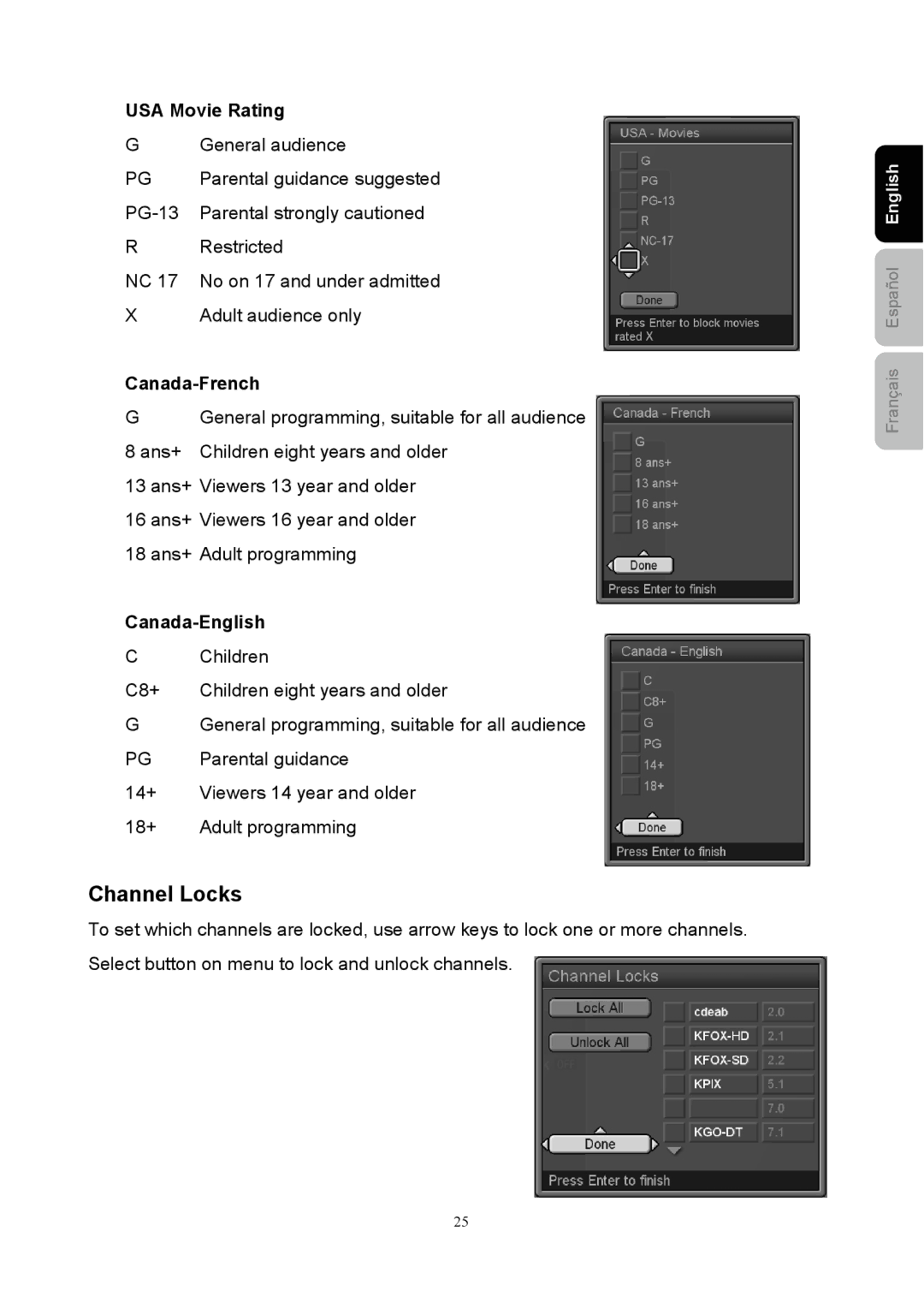 Westinghouse SK-40H520S user manual Channel Locks, USA Movie Rating, Canada-French, Canada-English 