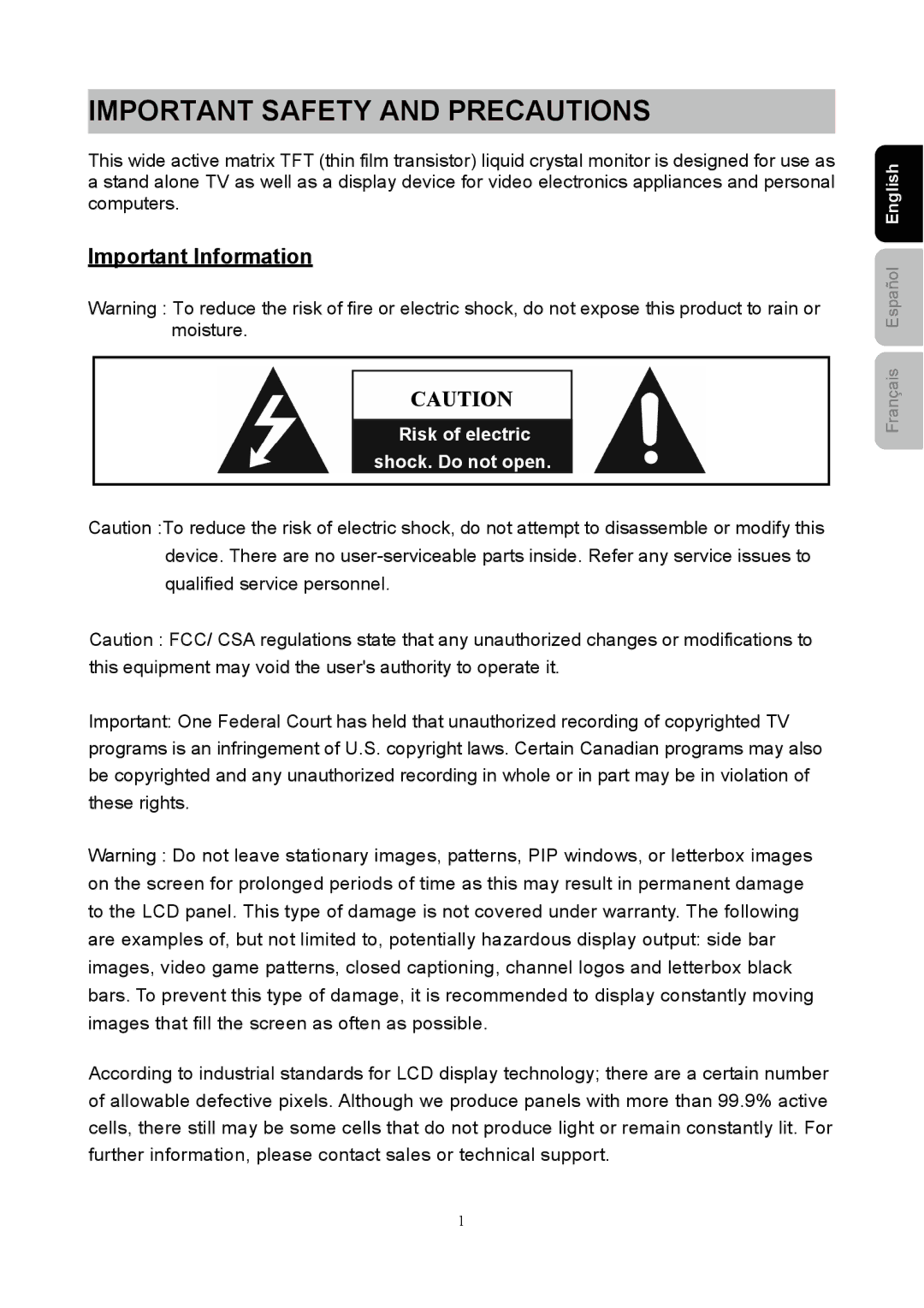 Westinghouse SK-40H520S user manual Important Safety and Precautions, Important Information 