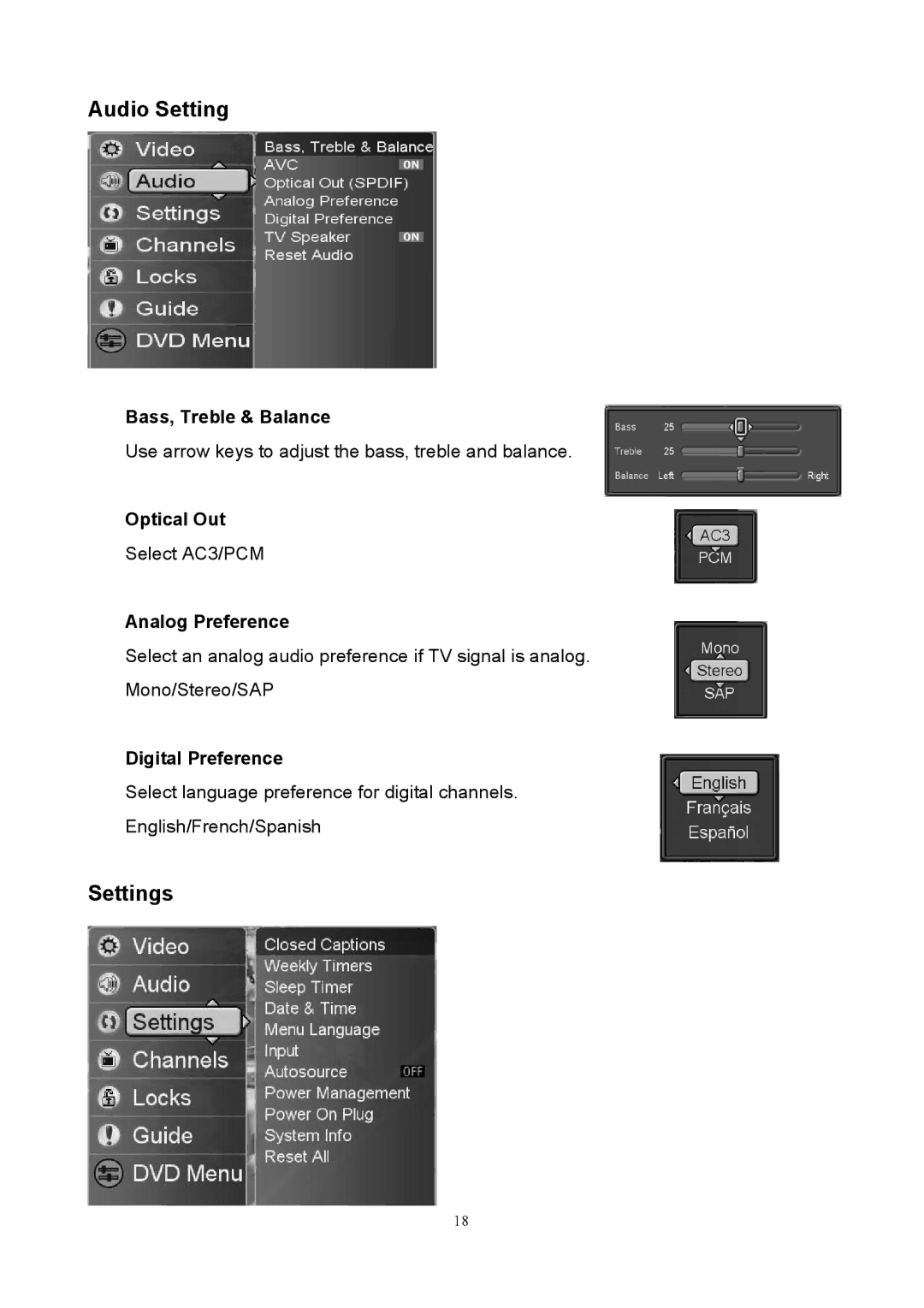 Westinghouse SK-40H590D user manual Audio Setting, Settings 