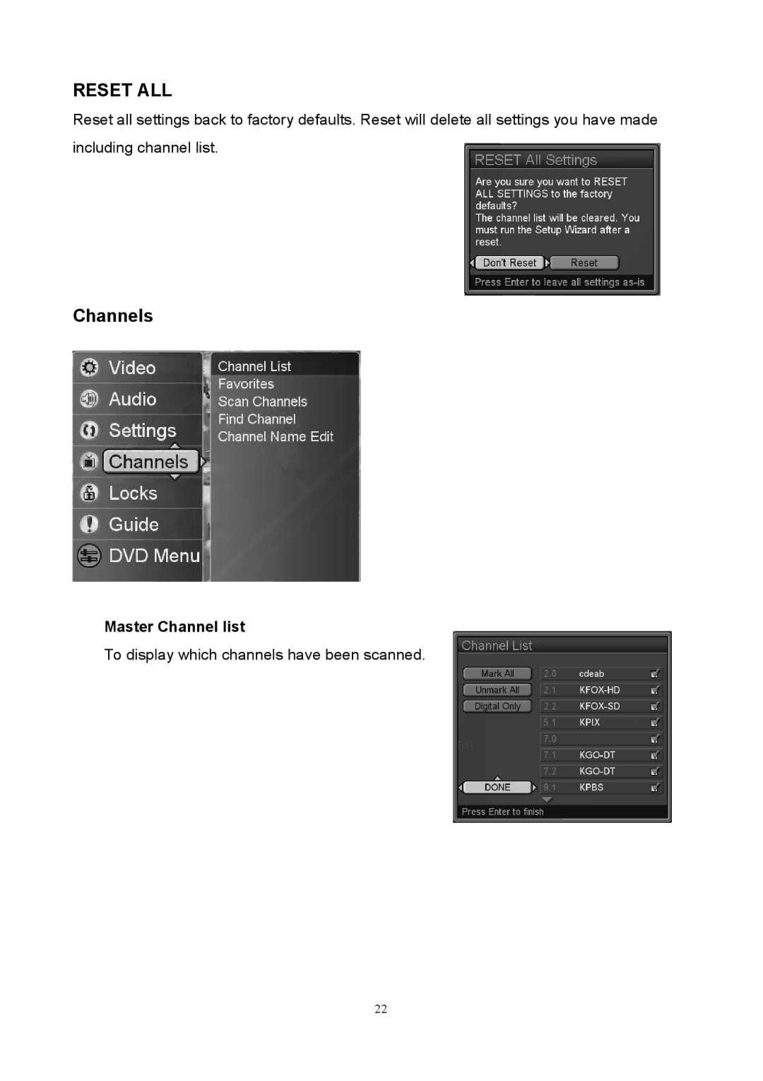 Westinghouse SK-40H590D user manual Channels, Master Channel list 