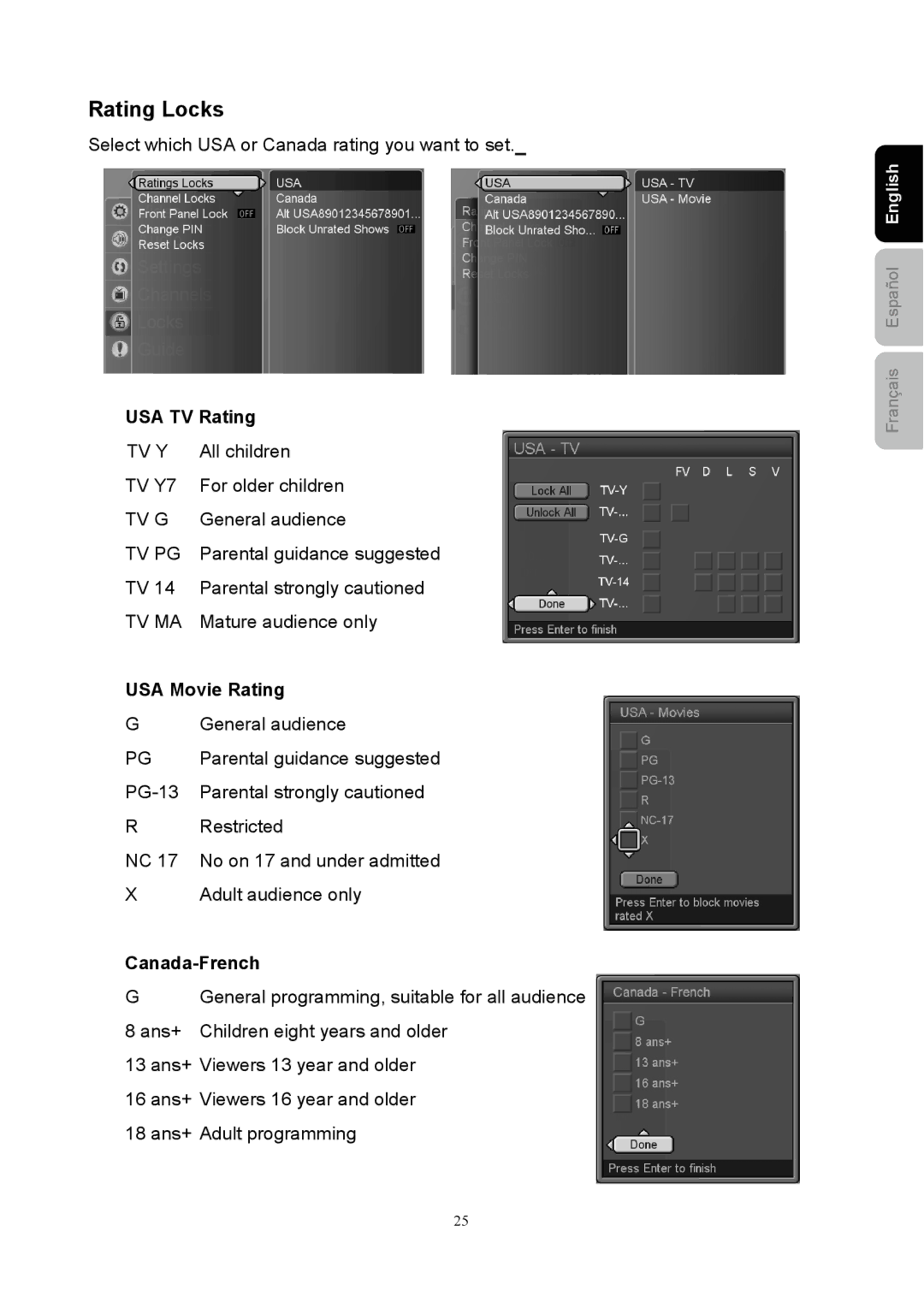 Westinghouse SK-40H590D user manual Rating Locks, USA TV Rating, USA Movie Rating, Canada-French 